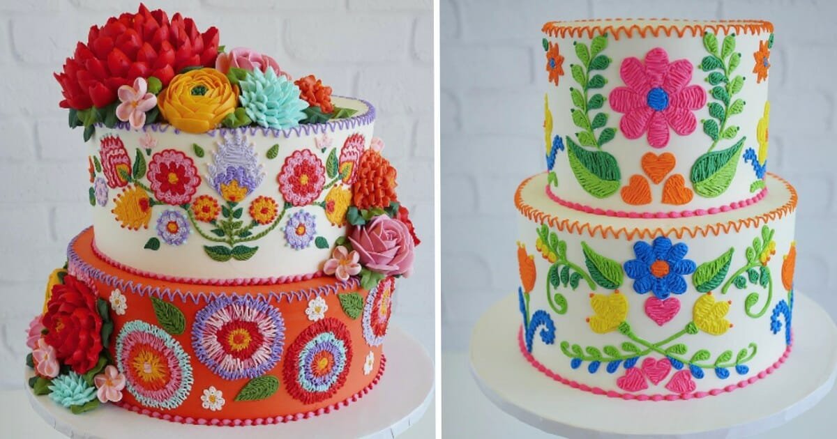 Beautifully elaborate cakes appear to have been stitched with a needle and thread