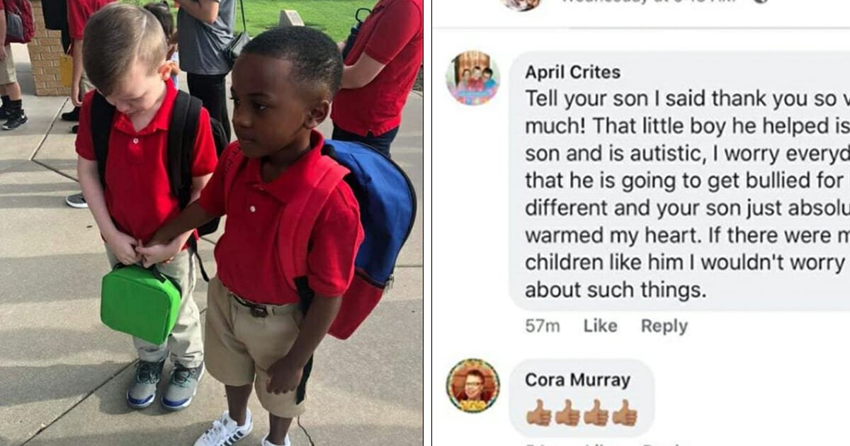 Boy holds hand of classmate with autism after seeing him crying alone in corner at school