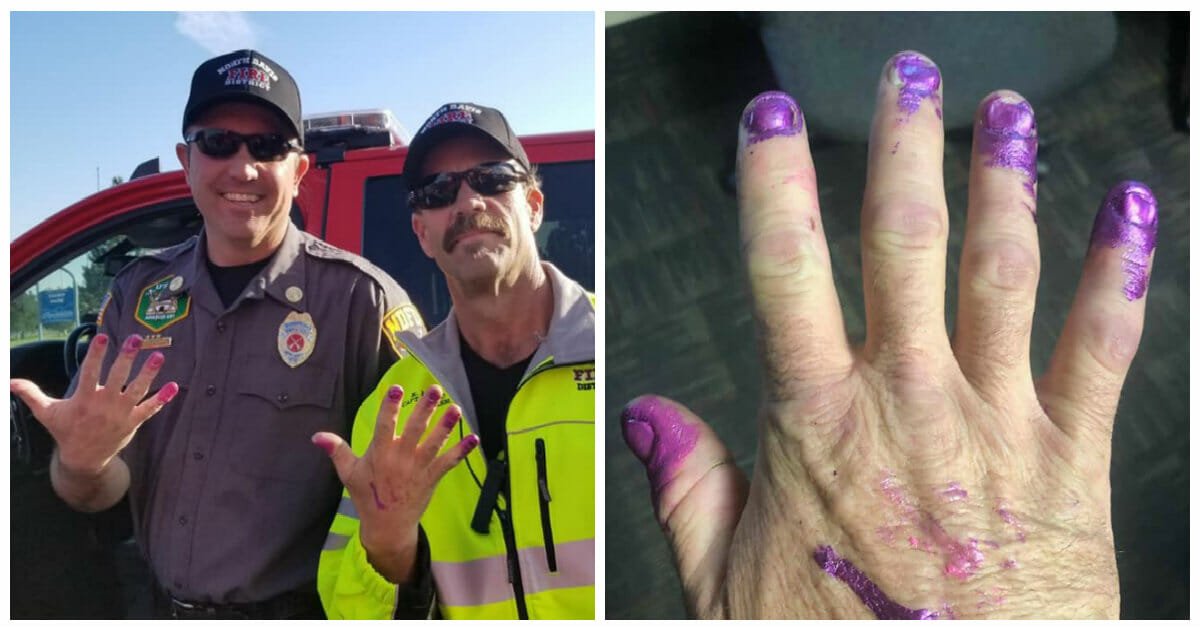 Firefighters calm down scared little girl at crash scene by asking her to paint their nails