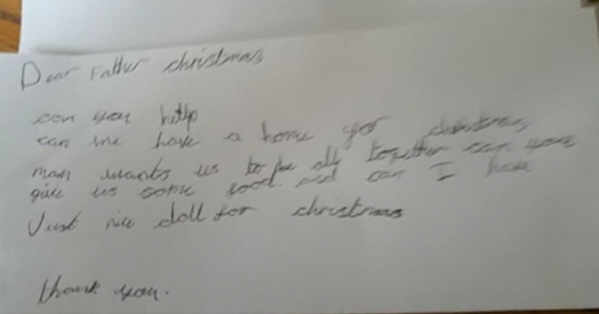 Little girl writes heartbreaking letter to Santa asking for home and food for Christmas