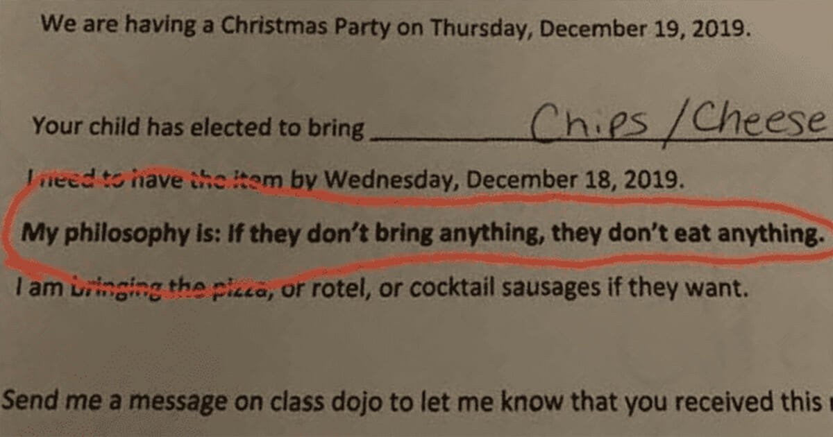 Teacher's cruel policy says kids who don't bring food for Christmas party can't eat at all
