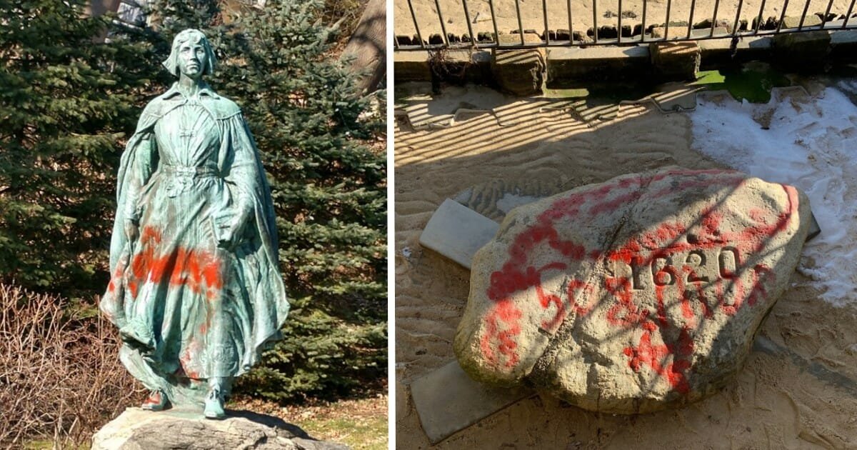 Plymouth Rock among several iconic sites vandalized with red spray paint